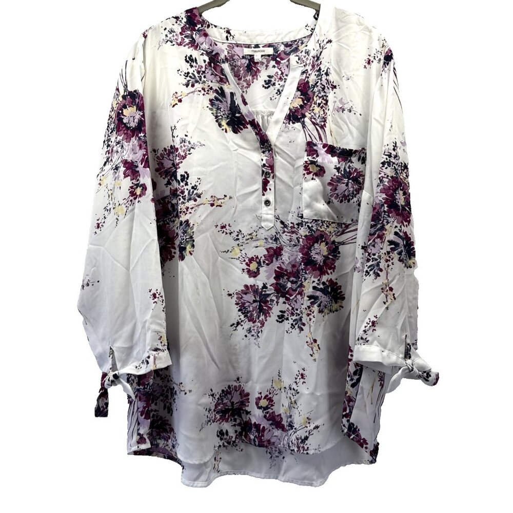 Maurices Women's Top Size Plus XXL Purple Floral Popover 3/4 Sleeves Buttons Tie